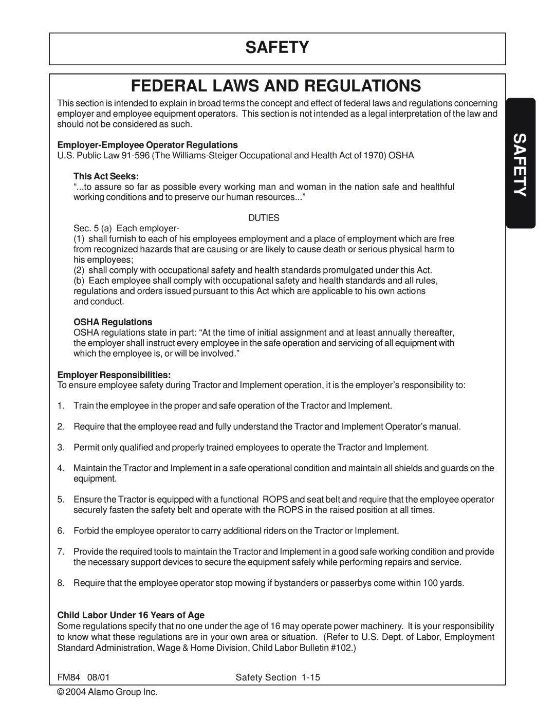 Servis-Rhino FM84 manual Safety Federal Laws and Regulations 