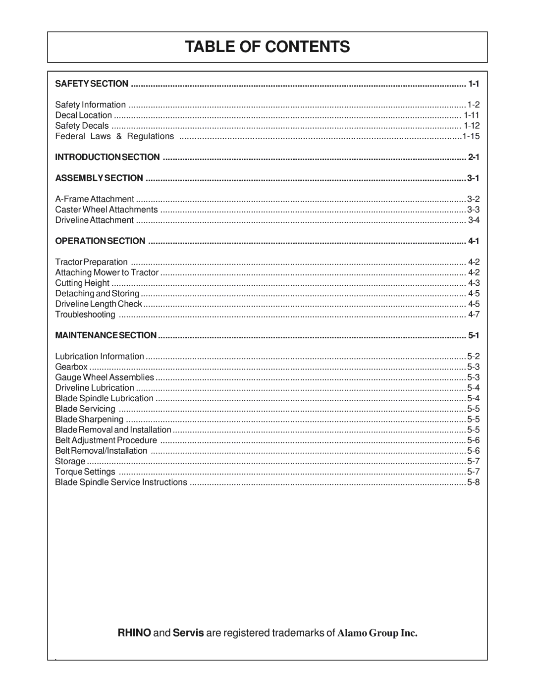 Servis-Rhino FM84 manual Table of Contents 