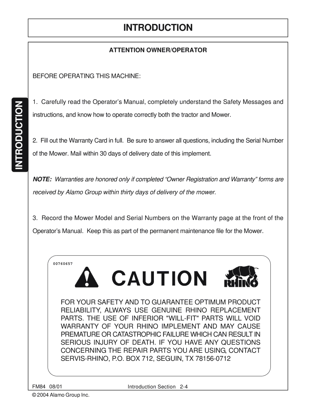 Servis-Rhino FM84 manual Before Operating this Machine 