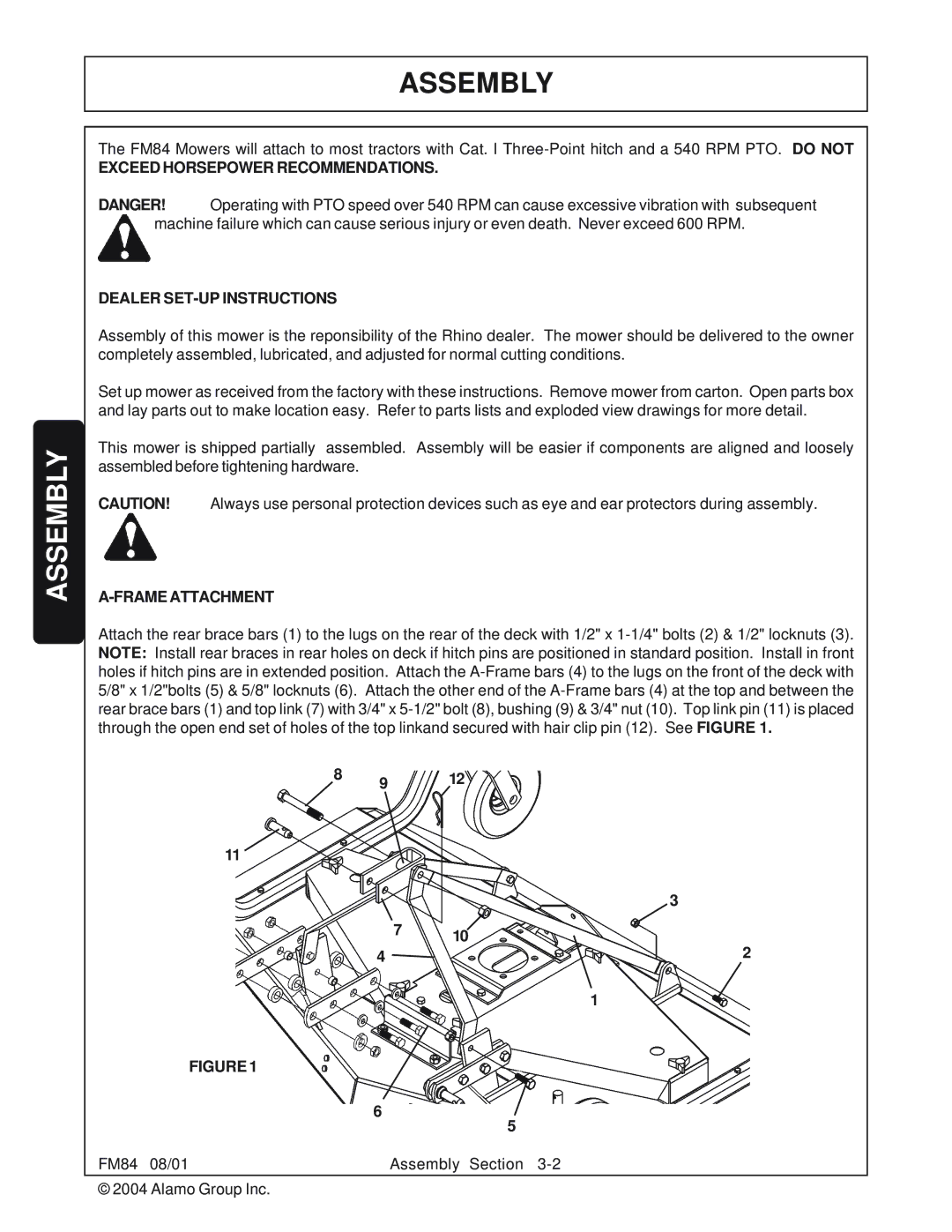 Servis-Rhino FM84 manual Exceed Horsepower Recommendations Dealer SET-UP Instructions, Frame Attachment 