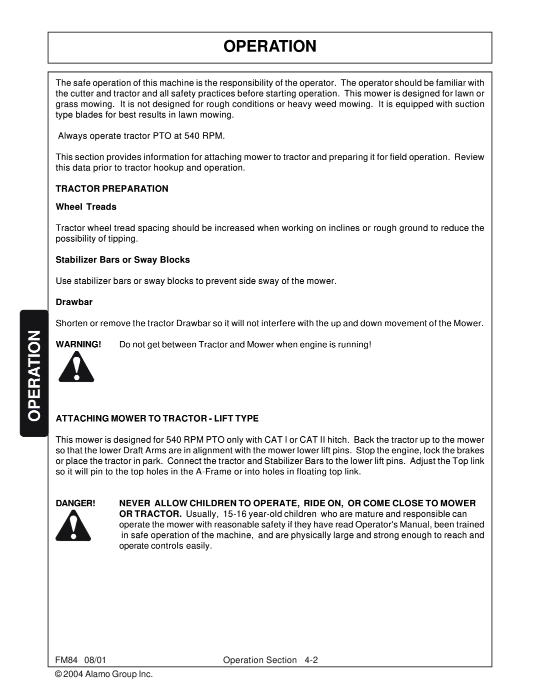 Servis-Rhino FM84 manual Tractor Preparation, Attaching Mower to Tractor Lift Type 