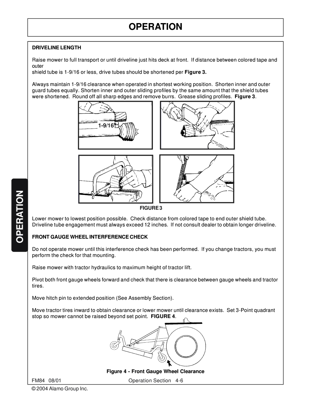 Servis-Rhino FM84 manual Driveline Length, Front Gauge Wheel Interference Check 