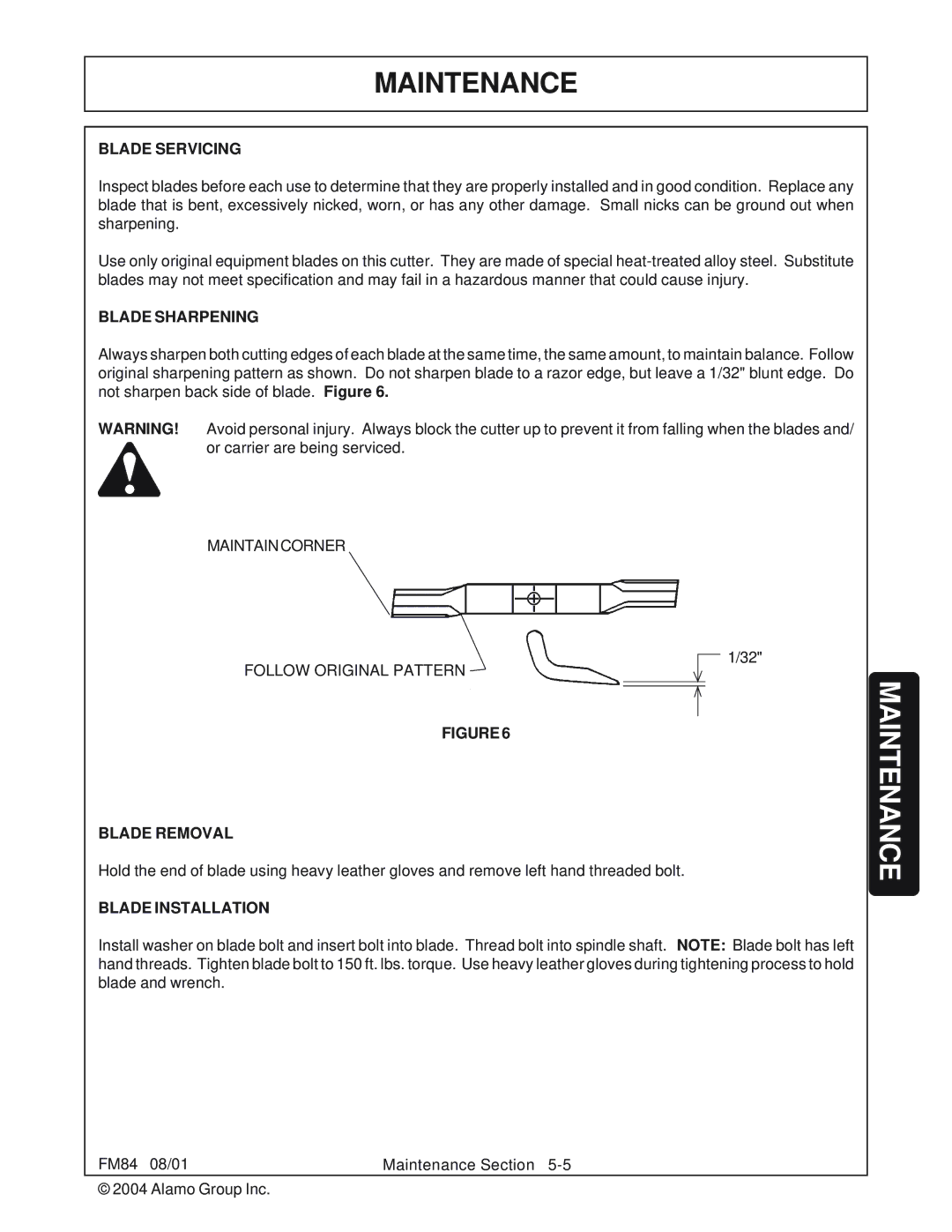 Servis-Rhino FM84 manual Blade Servicing, Blade Sharpening, Blade Removal, Blade Installation 