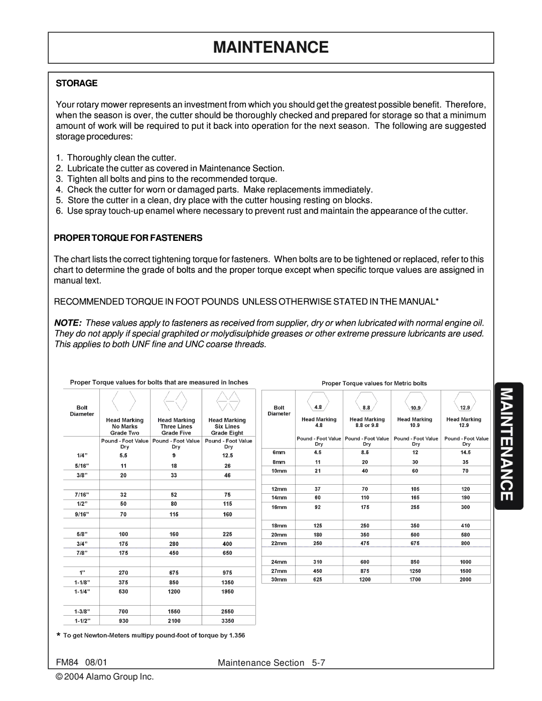 Servis-Rhino FM84 manual Storage, Proper Torque for Fasteners 