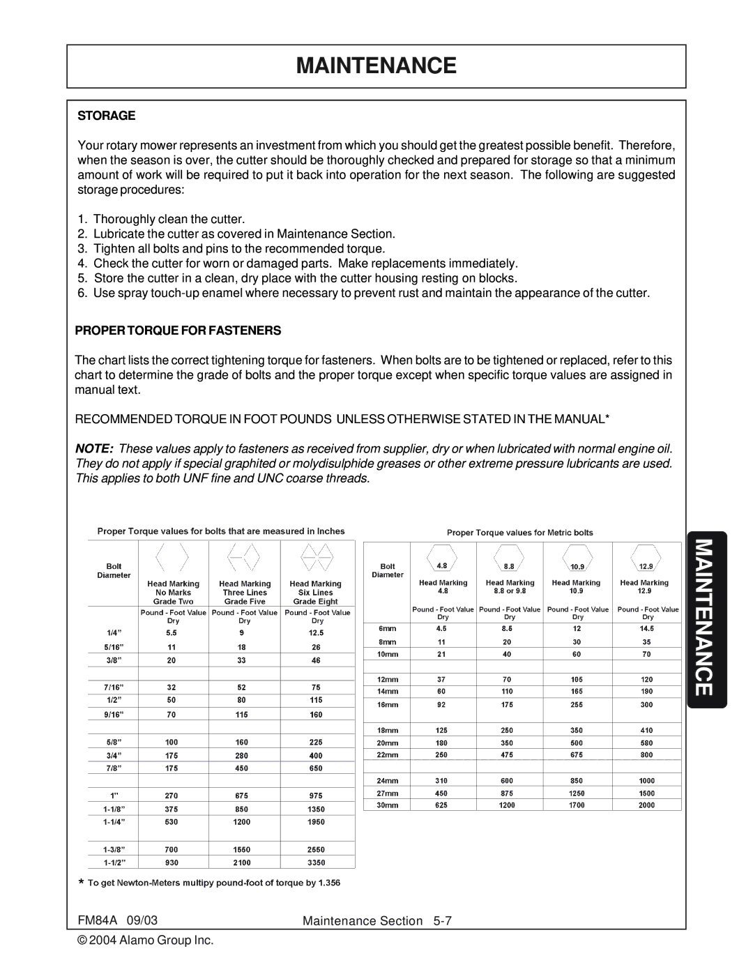 Servis-Rhino FM84A manual Storage, Proper Torque for Fasteners 