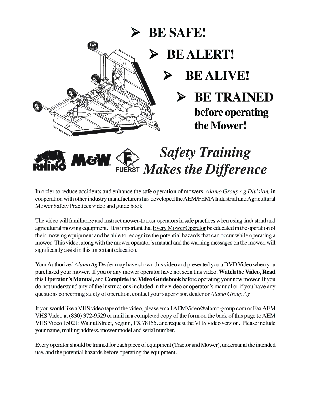 Servis-Rhino FM84A manual Safety Training Makes the Difference 