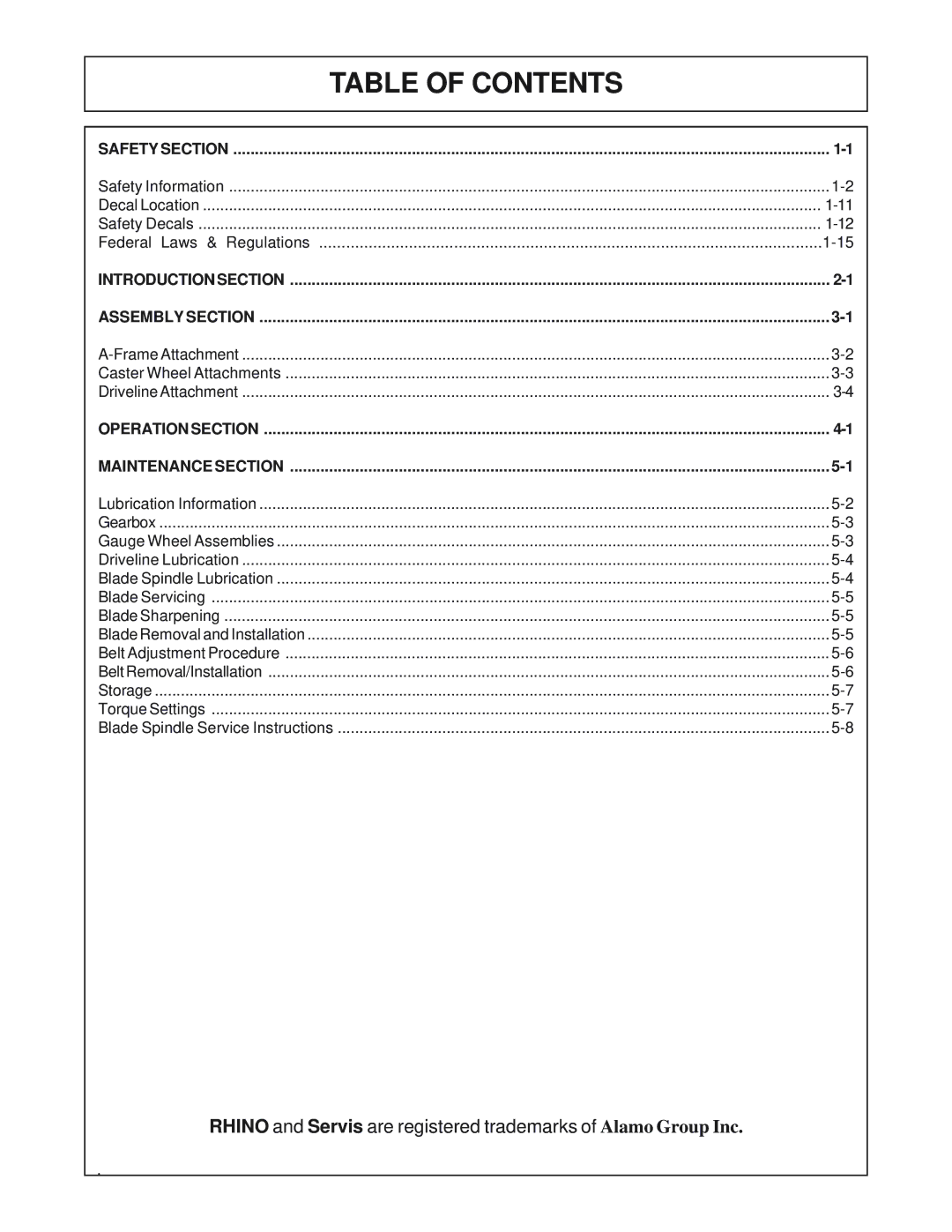 Servis-Rhino FM84A manual Table of Contents 