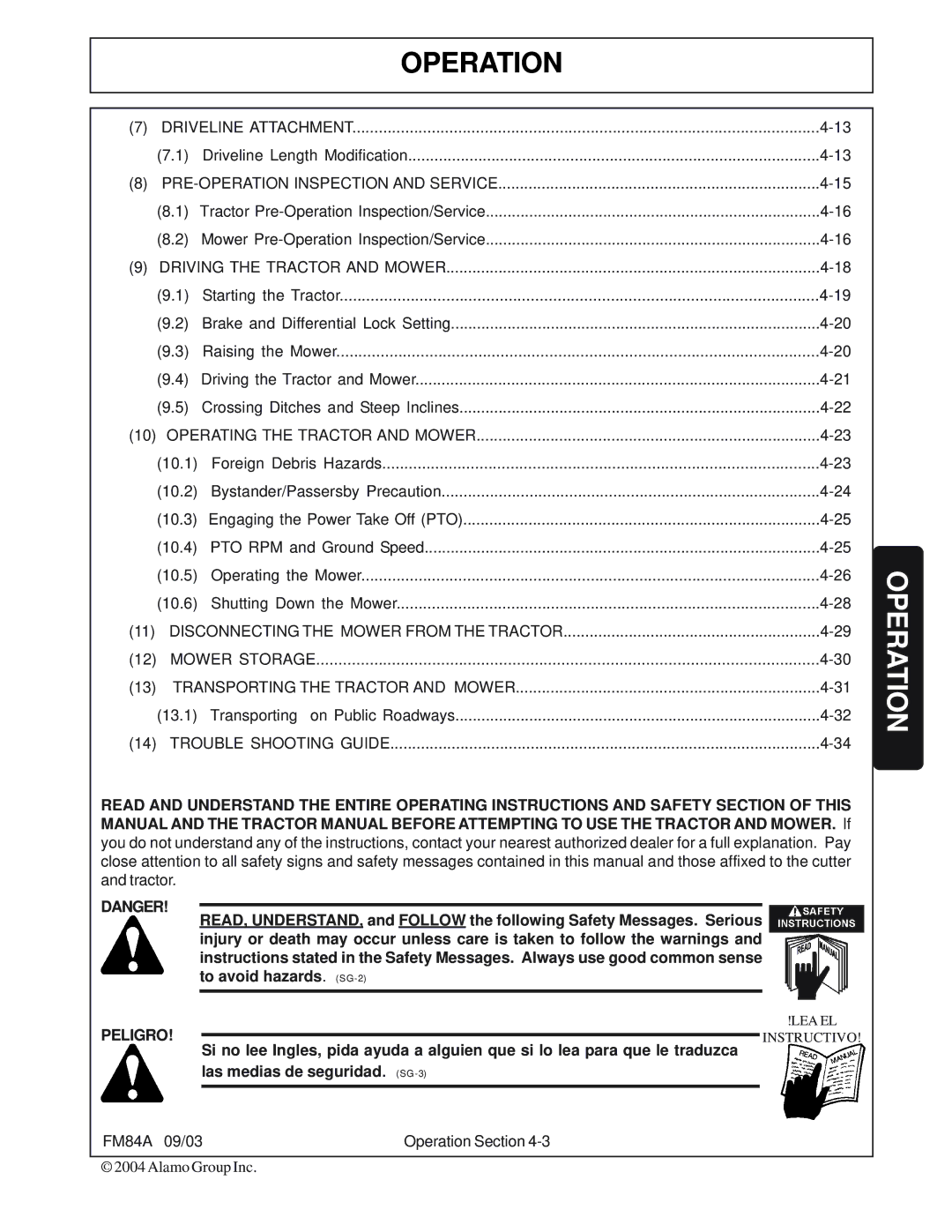 Servis-Rhino FM84A manual Operation, Peligro 