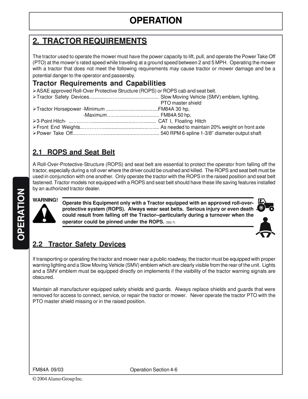 Servis-Rhino FM84A manual Tractor Requirements and Capabilities, Rops and Seat Belt, Tractor Safety Devices 