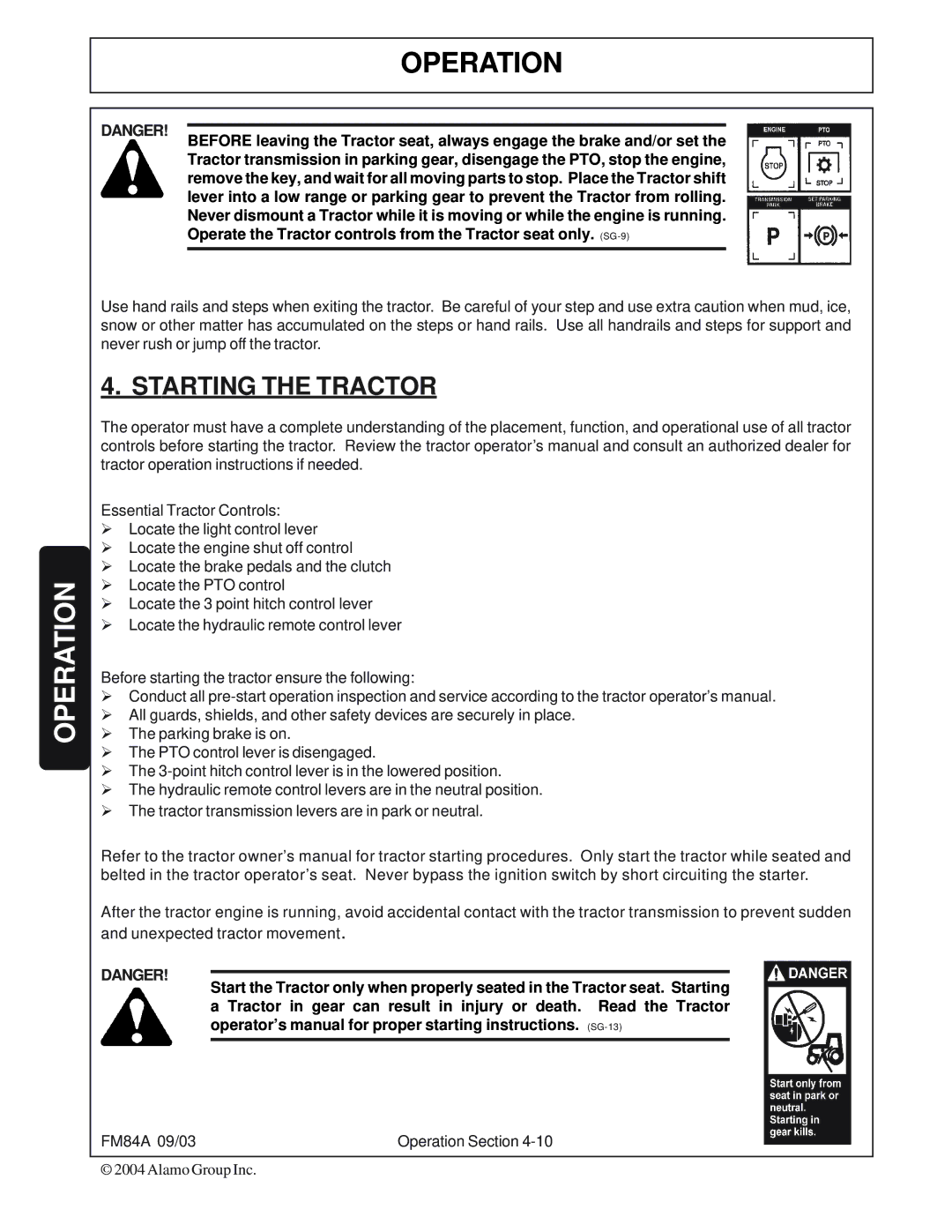 Servis-Rhino FM84A manual Starting the Tractor 