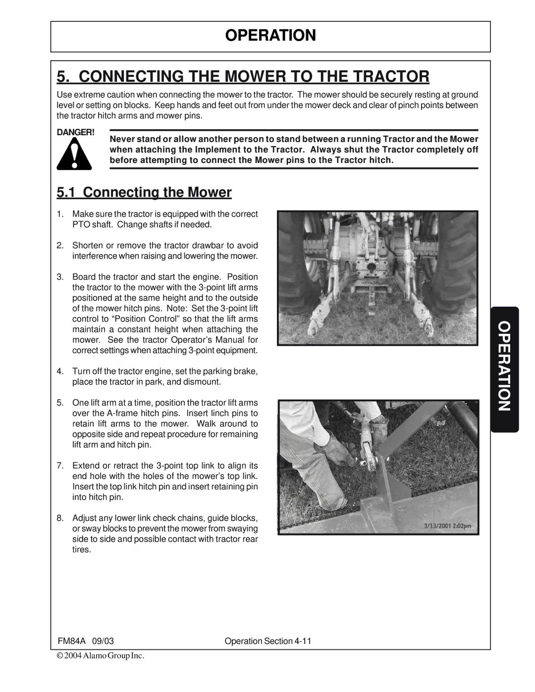 Servis-Rhino FM84A manual Operation Connecting the Mower to the Tractor 