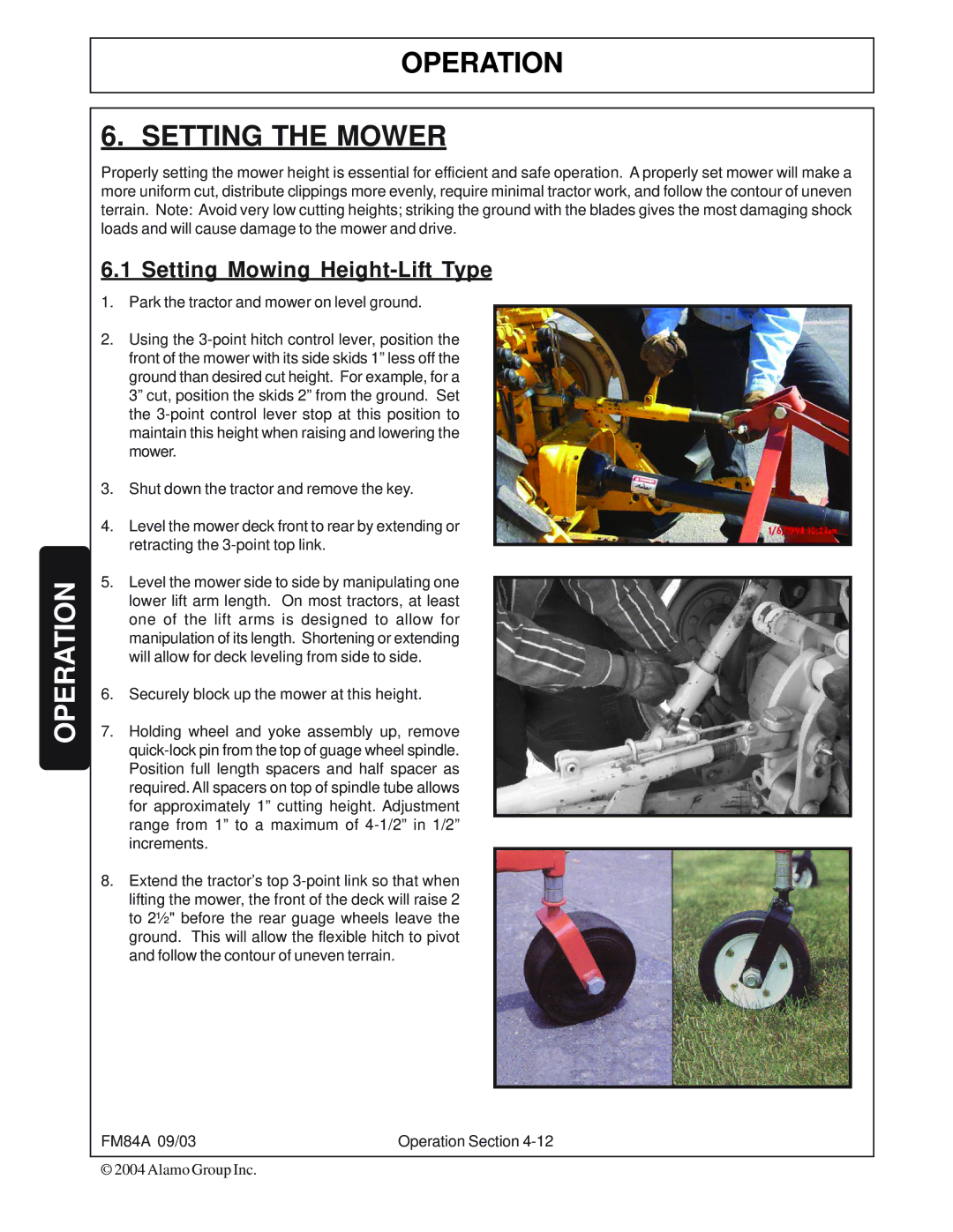 Servis-Rhino FM84A manual Operation Setting the Mower, Setting Mowing Height-Lift Type 