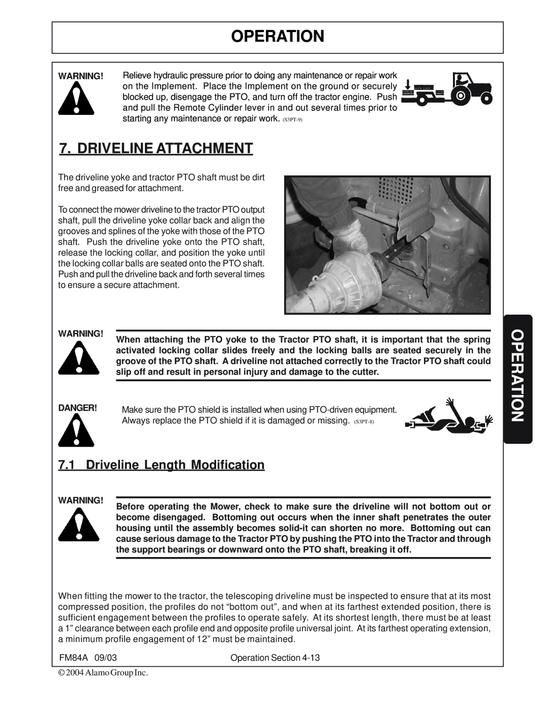 Servis-Rhino FM84A manual Driveline Attachment, Driveline Length Modification 