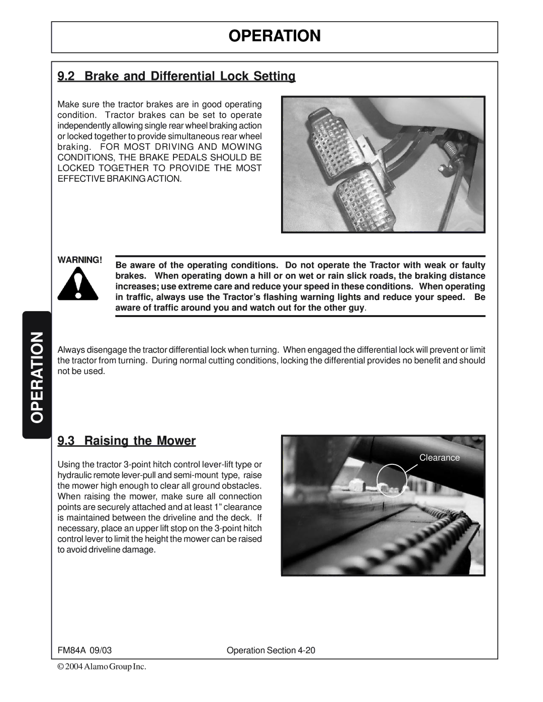 Servis-Rhino FM84A manual Brake and Differential Lock Setting, Raising the Mower 