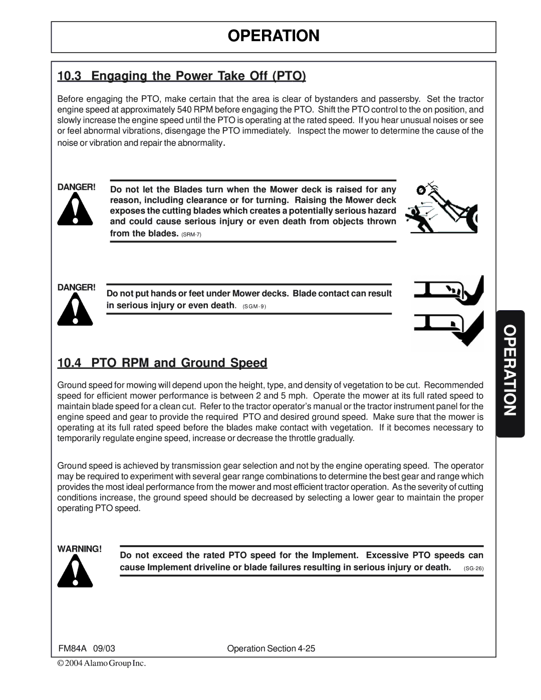 Servis-Rhino FM84A manual Engaging the Power Take Off PTO, PTO RPM and Ground Speed 