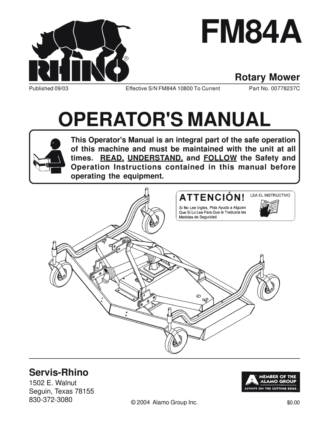 Servis-Rhino FM84A manual Rotary Mower, Servis-Rhino, Operators Manual 