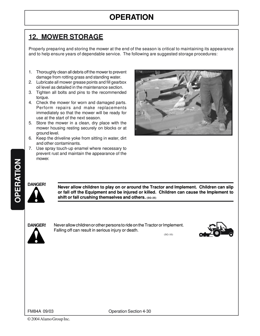 Servis-Rhino FM84A manual Mower Storage, Operation 