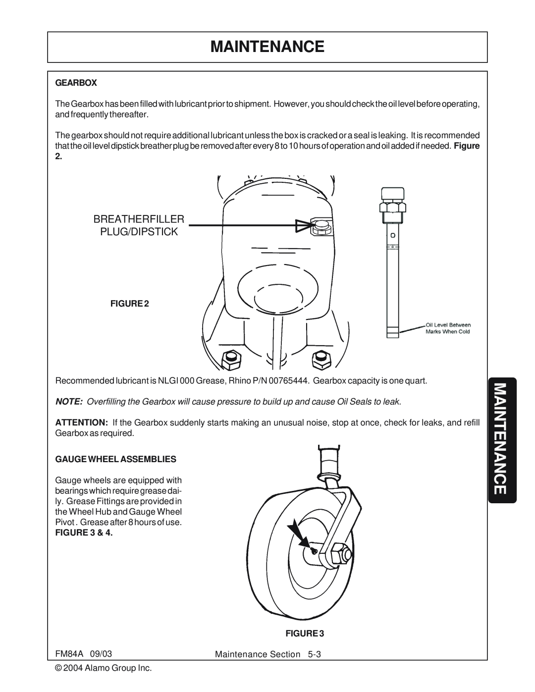 Servis-Rhino FM84A manual Maintenance, Breatherfiller Plug/Dipstick, Gearbox, Figure, Gauge Wheel Assemblies 