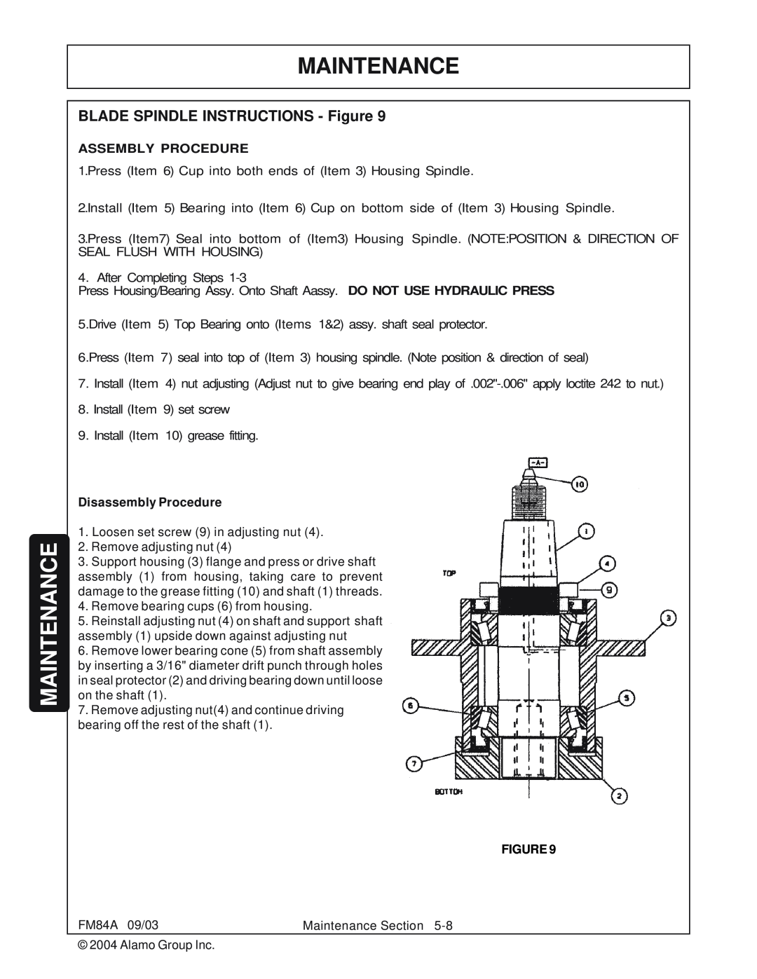 Servis-Rhino FM84A manual Maintenance, BLADE SPINDLE INSTRUCTIONS - Figure, Assembly Procedure, Disassembly Procedure 