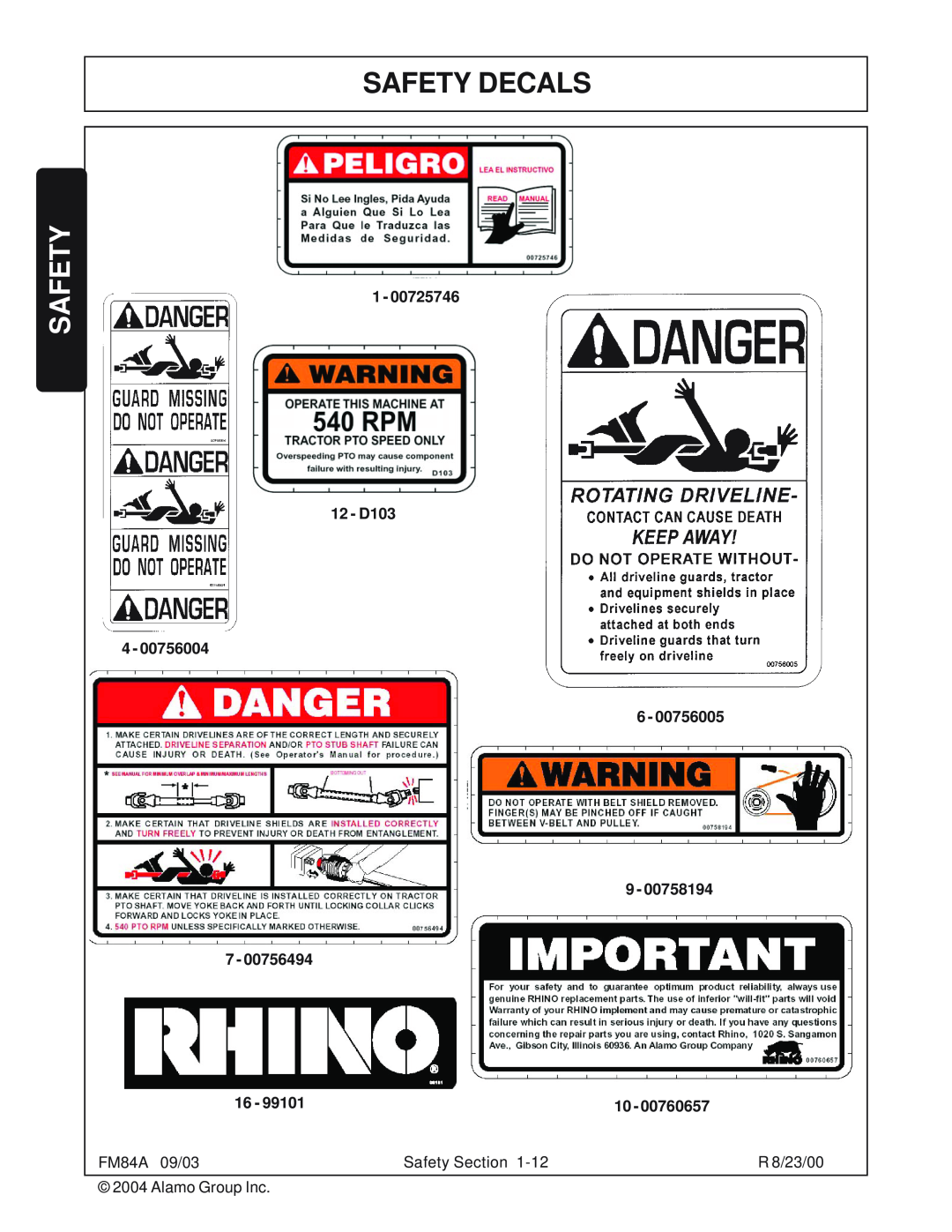 Servis-Rhino FM84A manual Safety Decals, 1 - 12 - D103 4 - 6 - 9 - 7 