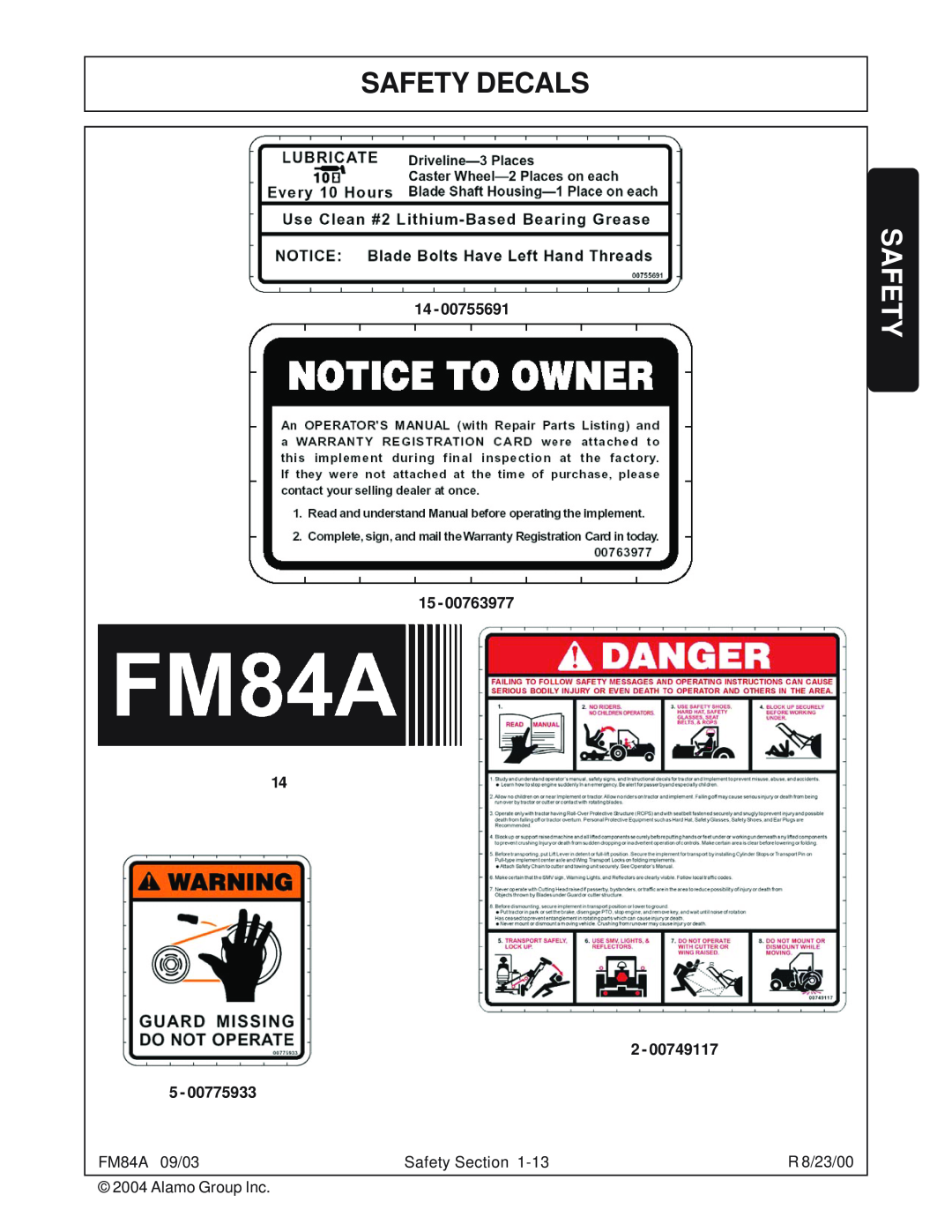 Servis-Rhino FM84A manual Safety Decals 
