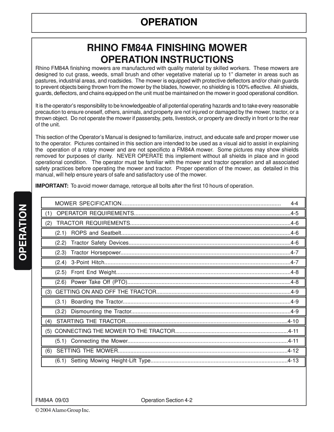 Servis-Rhino manual OPERATION RHINO FM84A FINISHING MOWER, Operation Instructions 