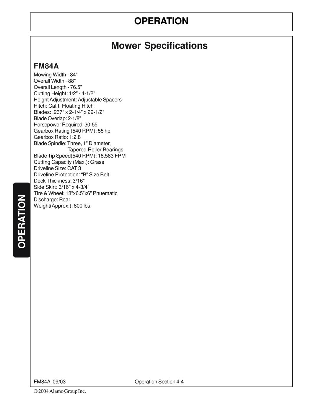 Servis-Rhino FM84A manual OPERATION Mower Specifications, Operation 