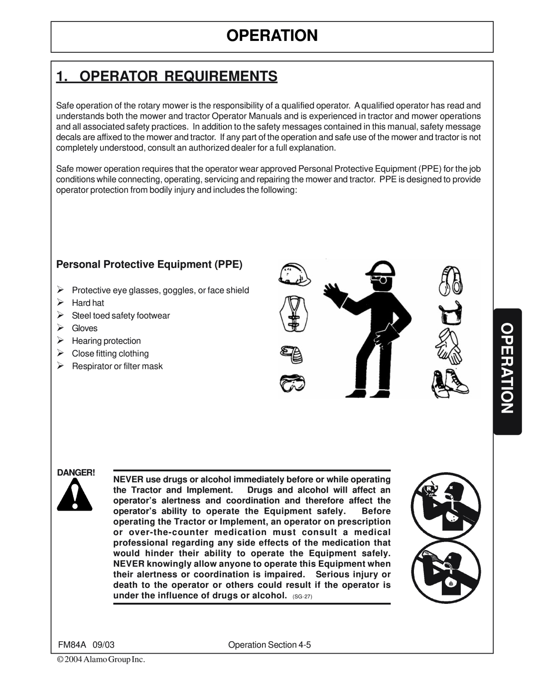 Servis-Rhino FM84A manual Operator Requirements, Operation, Personal Protective Equipment PPE 