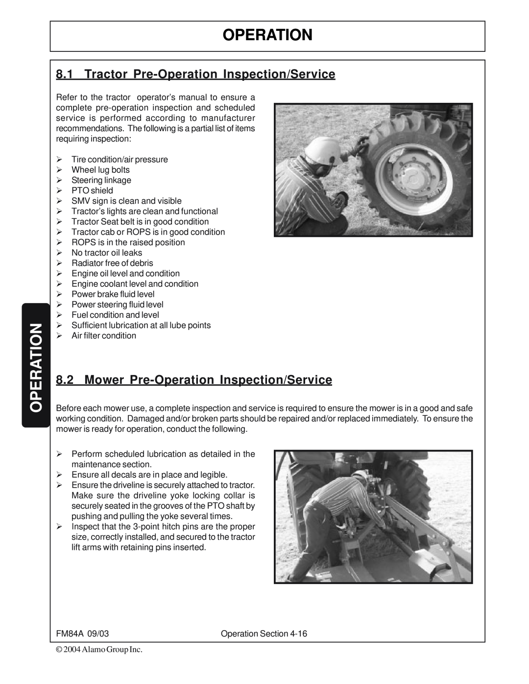 Servis-Rhino FM84A manual Tractor Pre-OperationInspection/Service, Mower Pre-OperationInspection/Service 