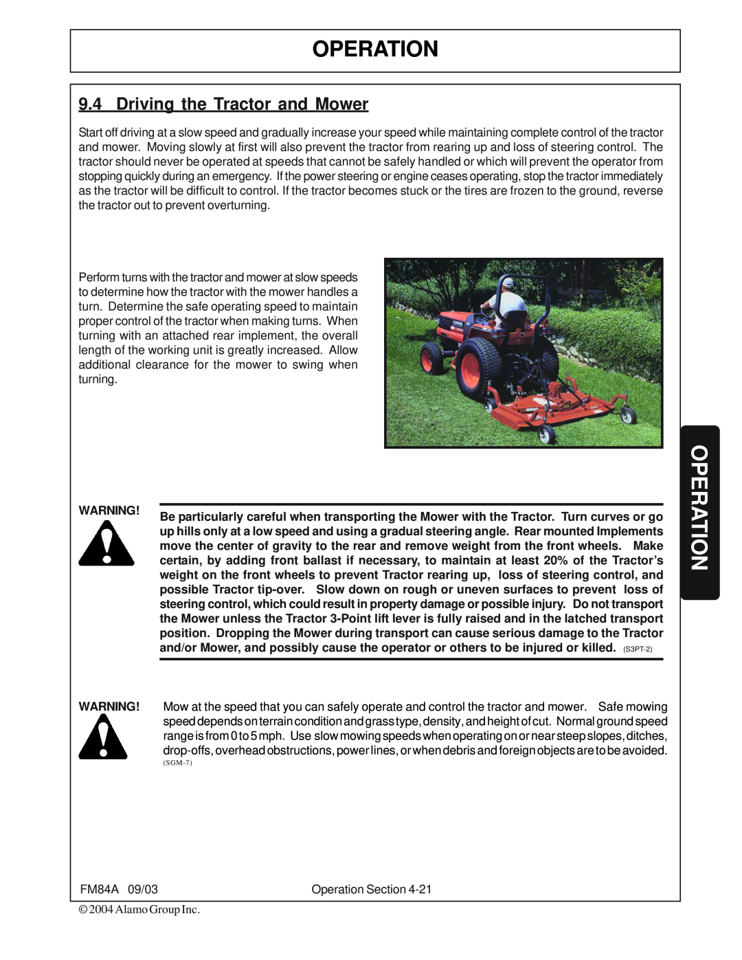 Servis-Rhino FM84A manual Operation, Driving the Tractor and Mower 