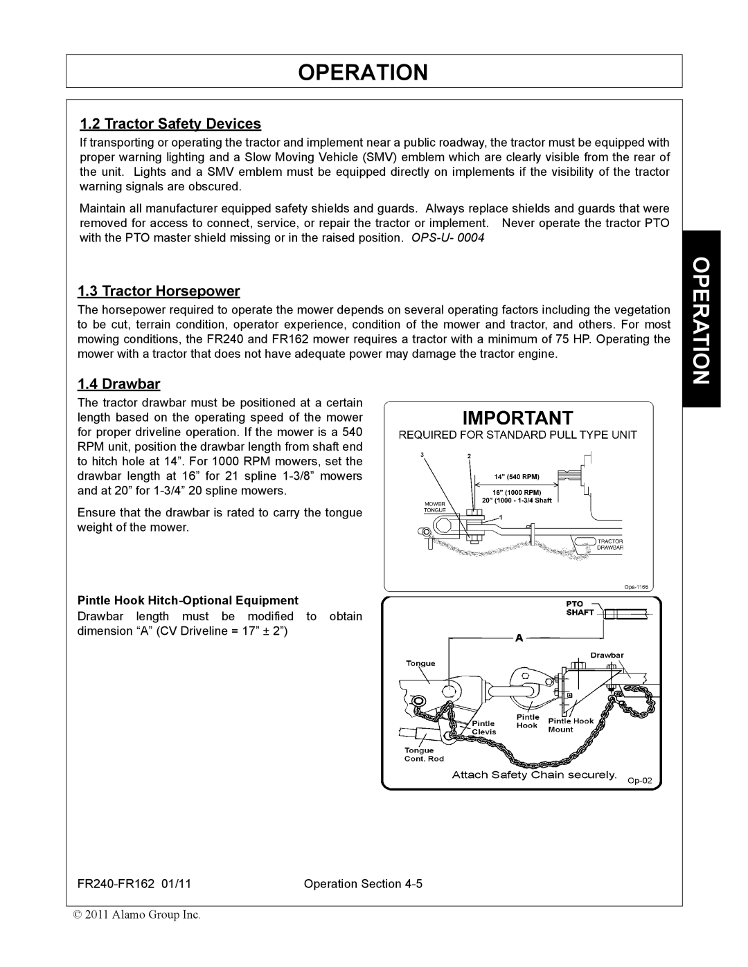 Servis-Rhino FR162, FR240 manual Tractor Safety Devices, Tractor Horsepower, Drawbar, Pintle Hook Hitch-Optional Equipment 