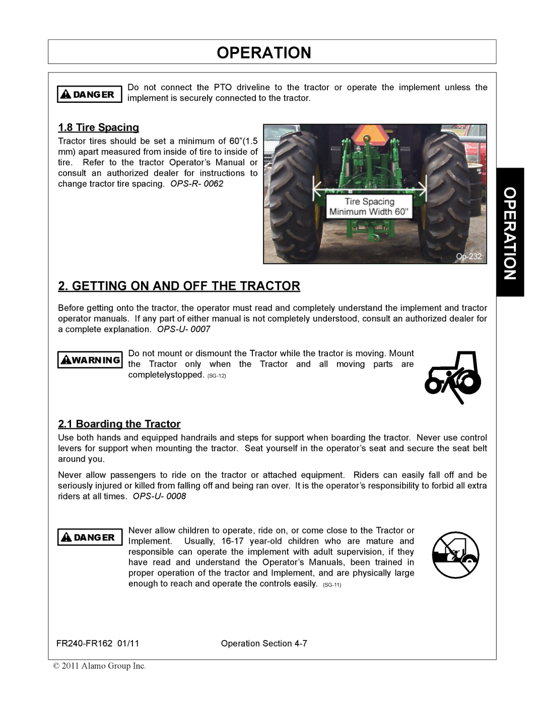 Servis-Rhino FR162, FR240 manual Getting on and OFF the Tractor, Tire Spacing, Boarding the Tractor 