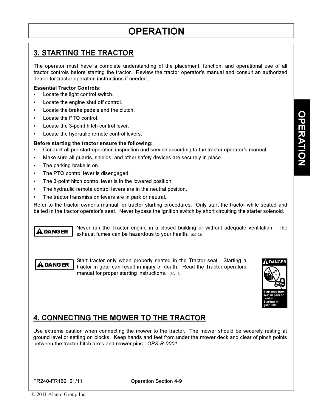 Servis-Rhino FR162, FR240 manual Starting the Tractor, Connecting the Mower to the Tractor, Essential Tractor Controls 