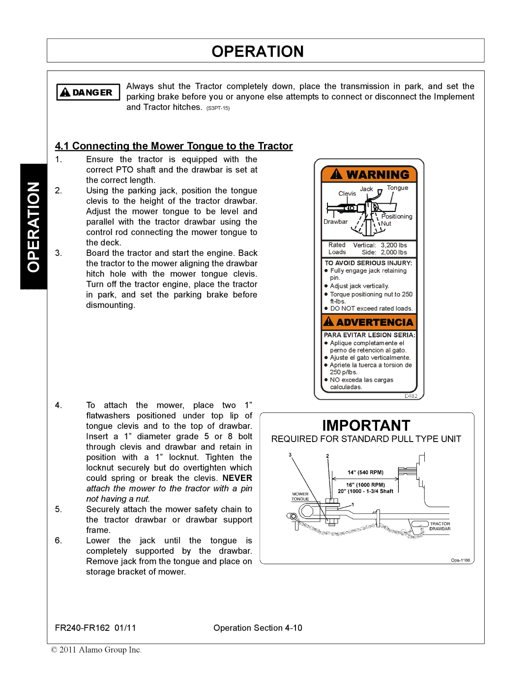 Servis-Rhino FR240, FR162 manual Connecting the Mower Tongue to the Tractor 