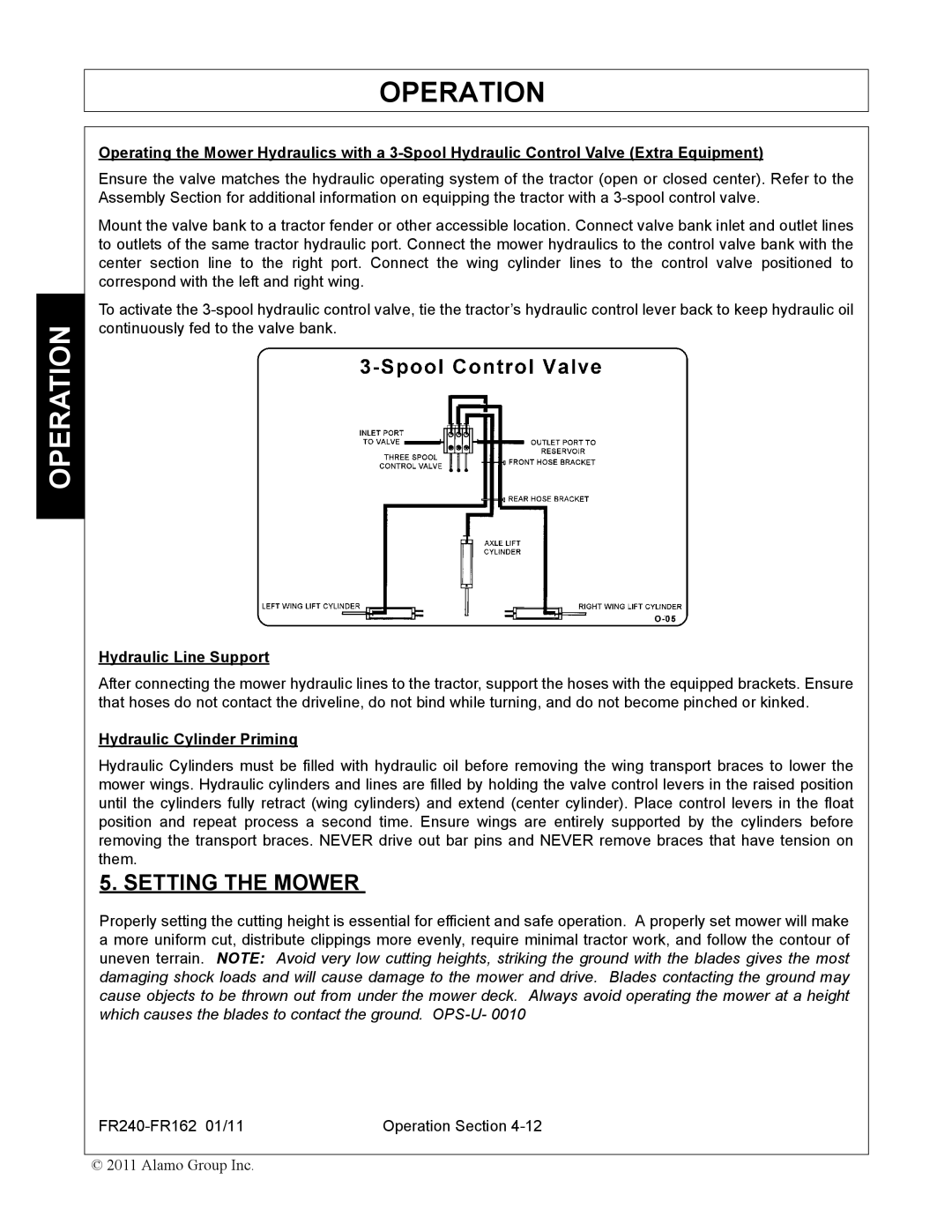 Servis-Rhino FR240, FR162 manual Setting the Mower, Hydraulic Line Support, Hydraulic Cylinder Priming 