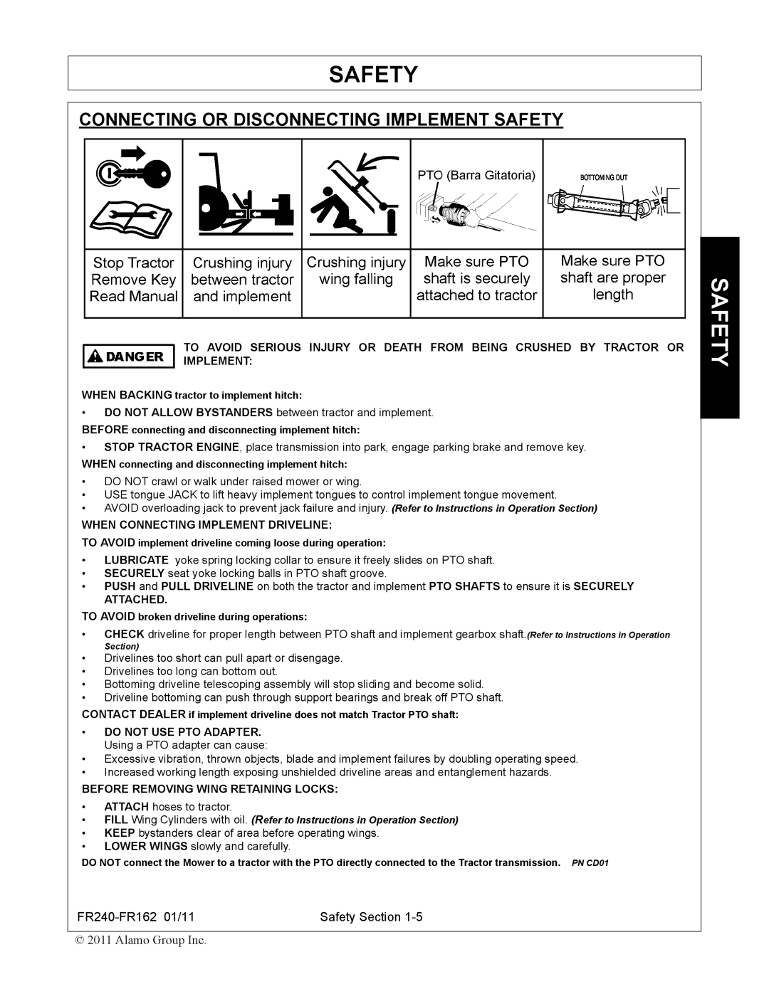 Servis-Rhino FR162, FR240 manual Connecting or Disconnecting Implement Safety, When Connecting Implement Driveline 