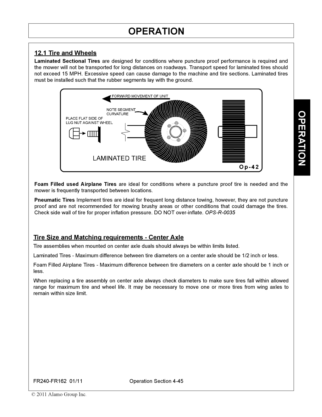 Servis-Rhino FR162, FR240 manual Tire and Wheels, Tire Size and Matching requirements Center Axle 