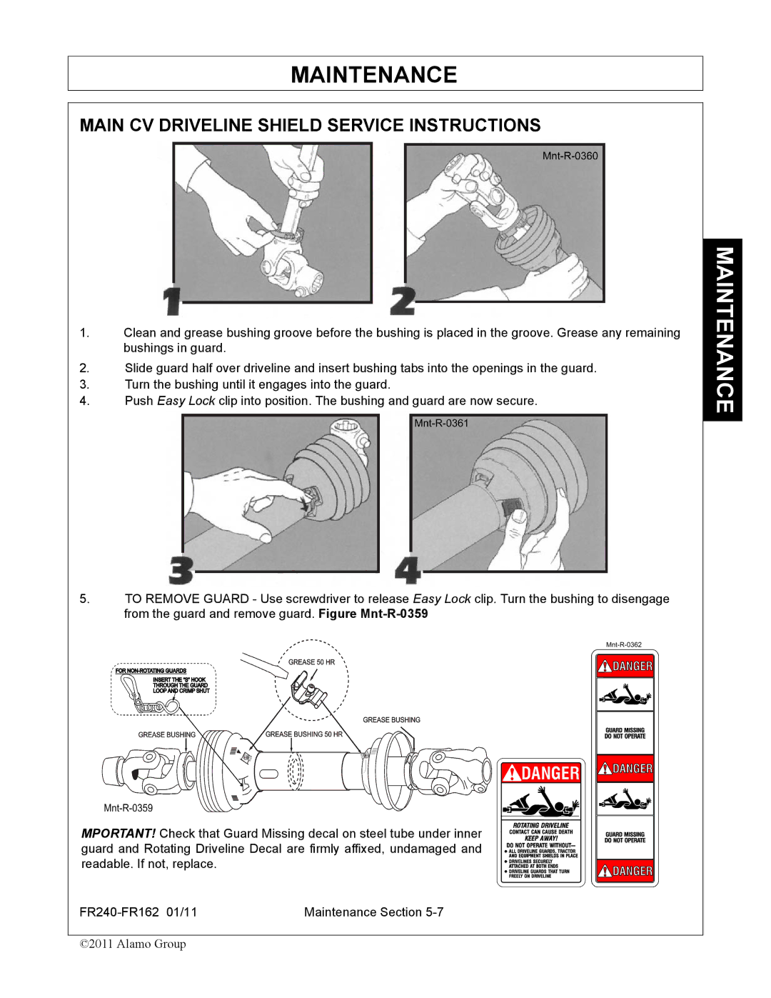 Servis-Rhino FR162, FR240 manual Main CV Driveline Shield Service Instructions 