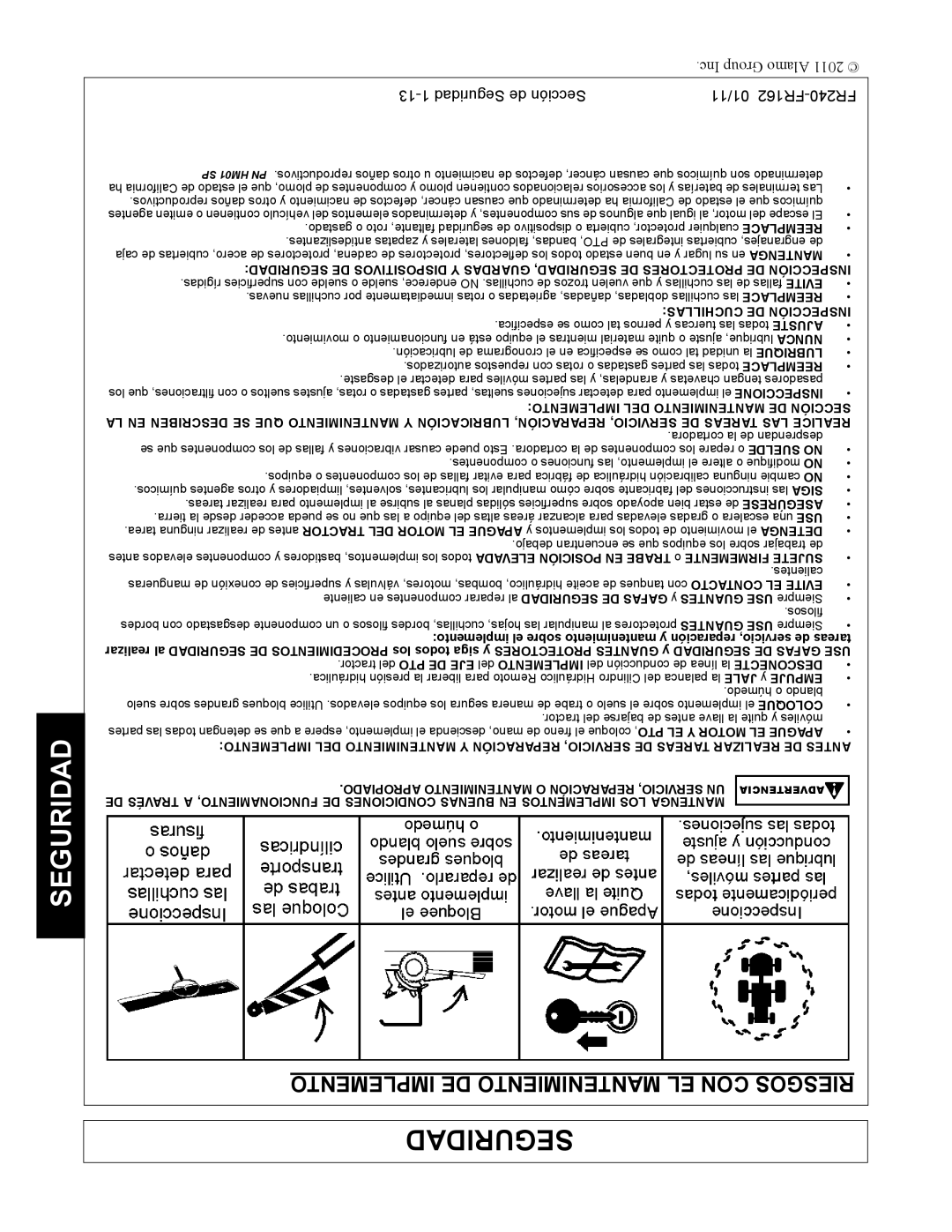 Servis-Rhino FR240, FR162 manual Implemento DE Mantenimiento EL CON Riesgos, Cuchillas DE Inspección 