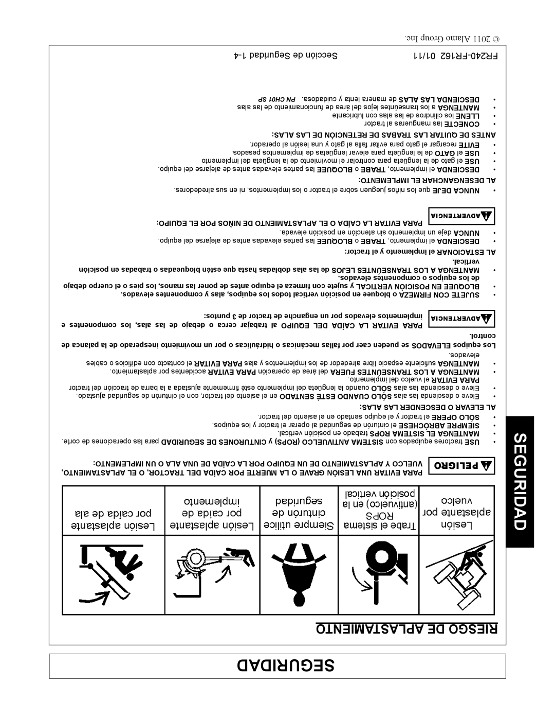 Servis-Rhino FR162, FR240 manual Aplastamiento DE Riesgo, Implemento EL Desenganchar AL 