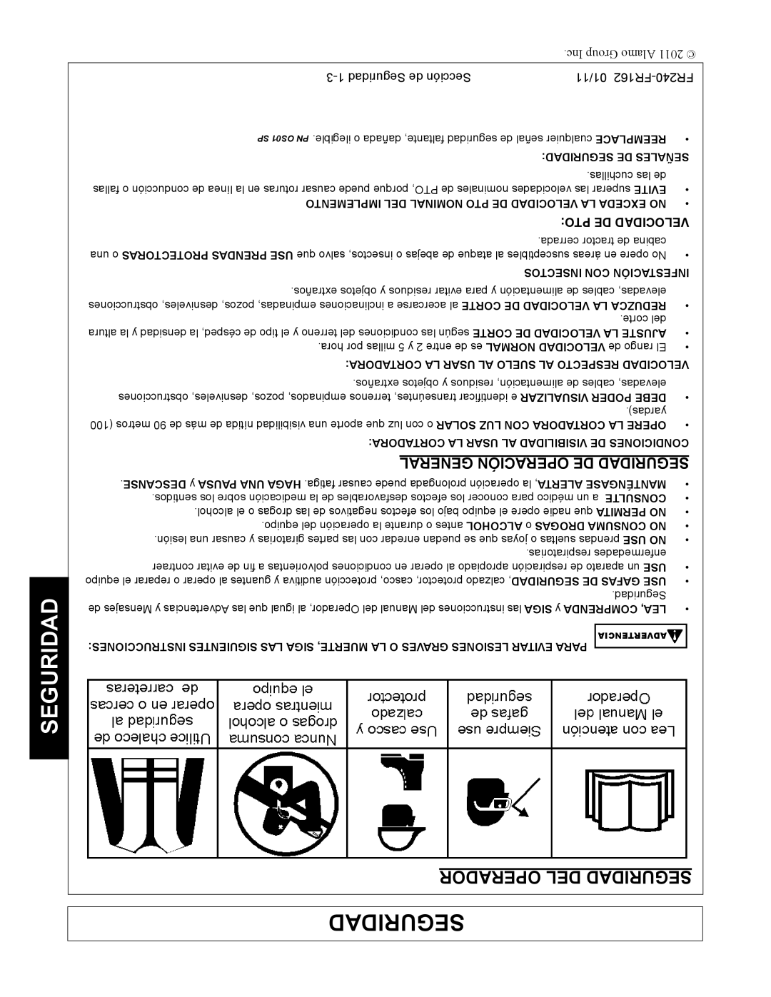 Servis-Rhino FR240, FR162 manual Operador DEL Seguridad, PTO DE Velocidad 