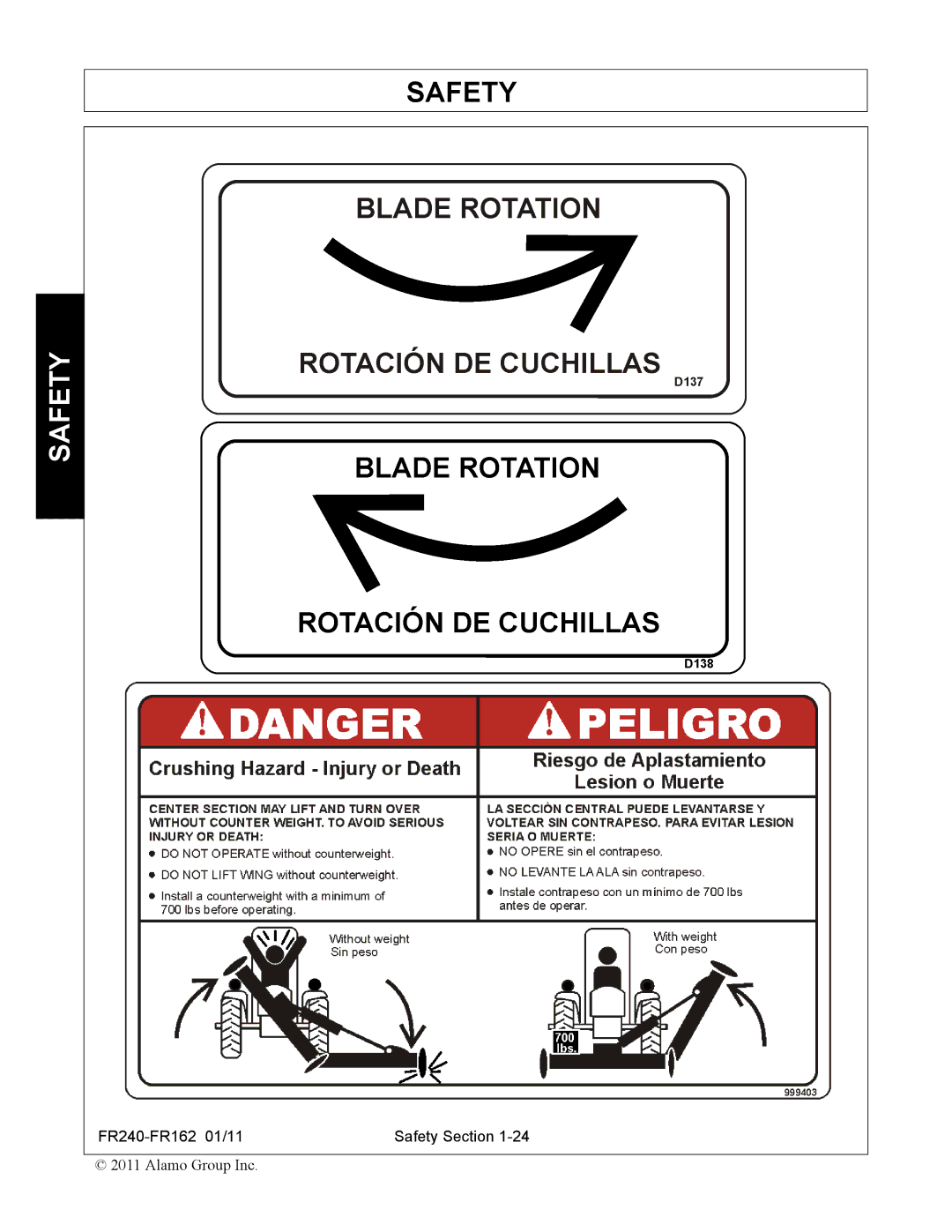 Servis-Rhino FR240, FR162 manual Safety 