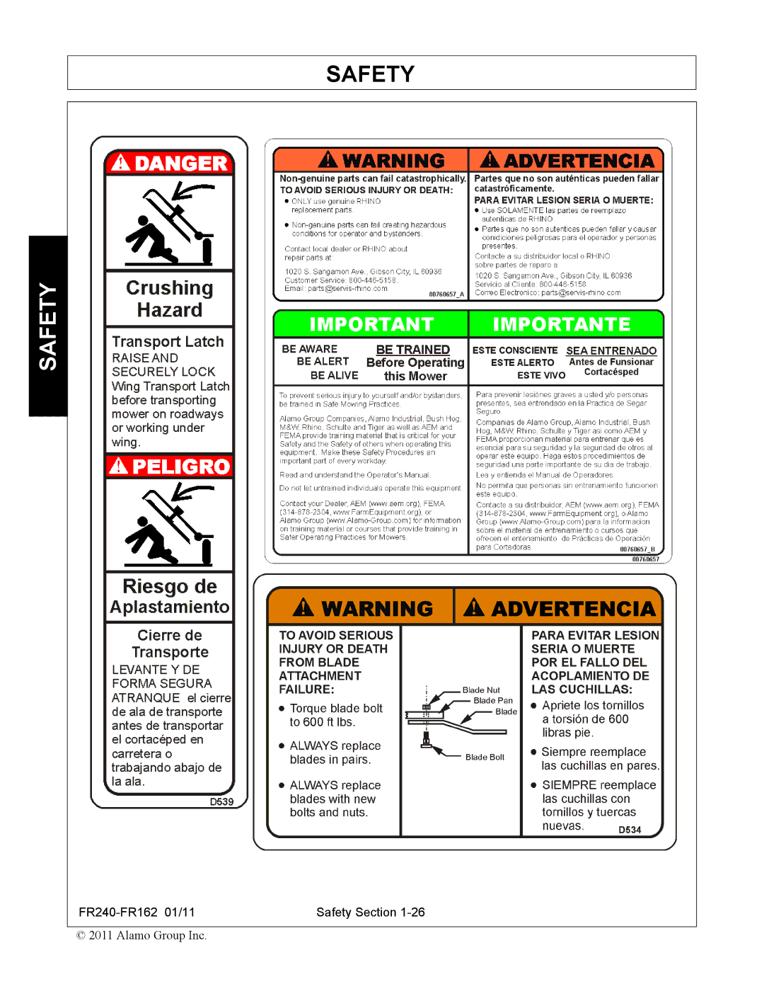 Servis-Rhino FR240, FR162 manual Safety 