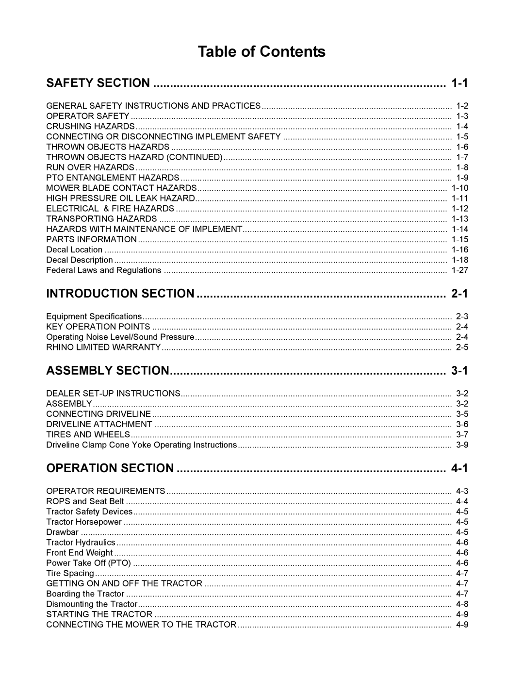 Servis-Rhino FR162, FR240 manual Table of Contents 