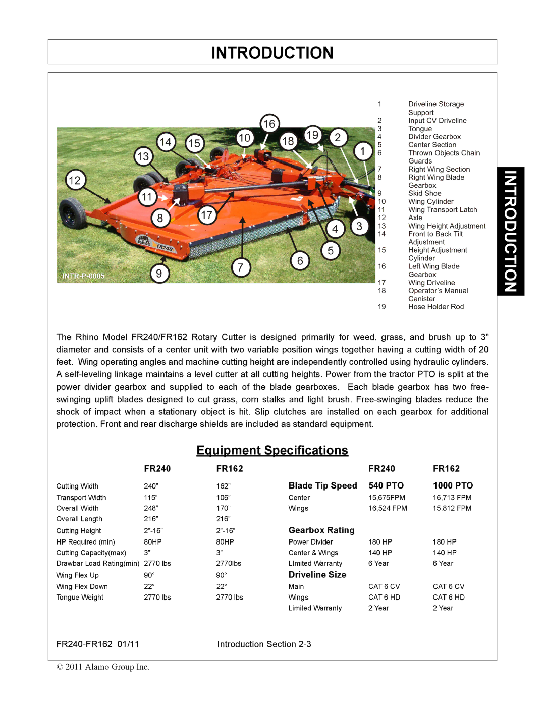 Servis-Rhino manual FR240 FR162, Blade Tip Speed 540 PTO 1000 PTO, Gearbox Rating, Driveline Size 