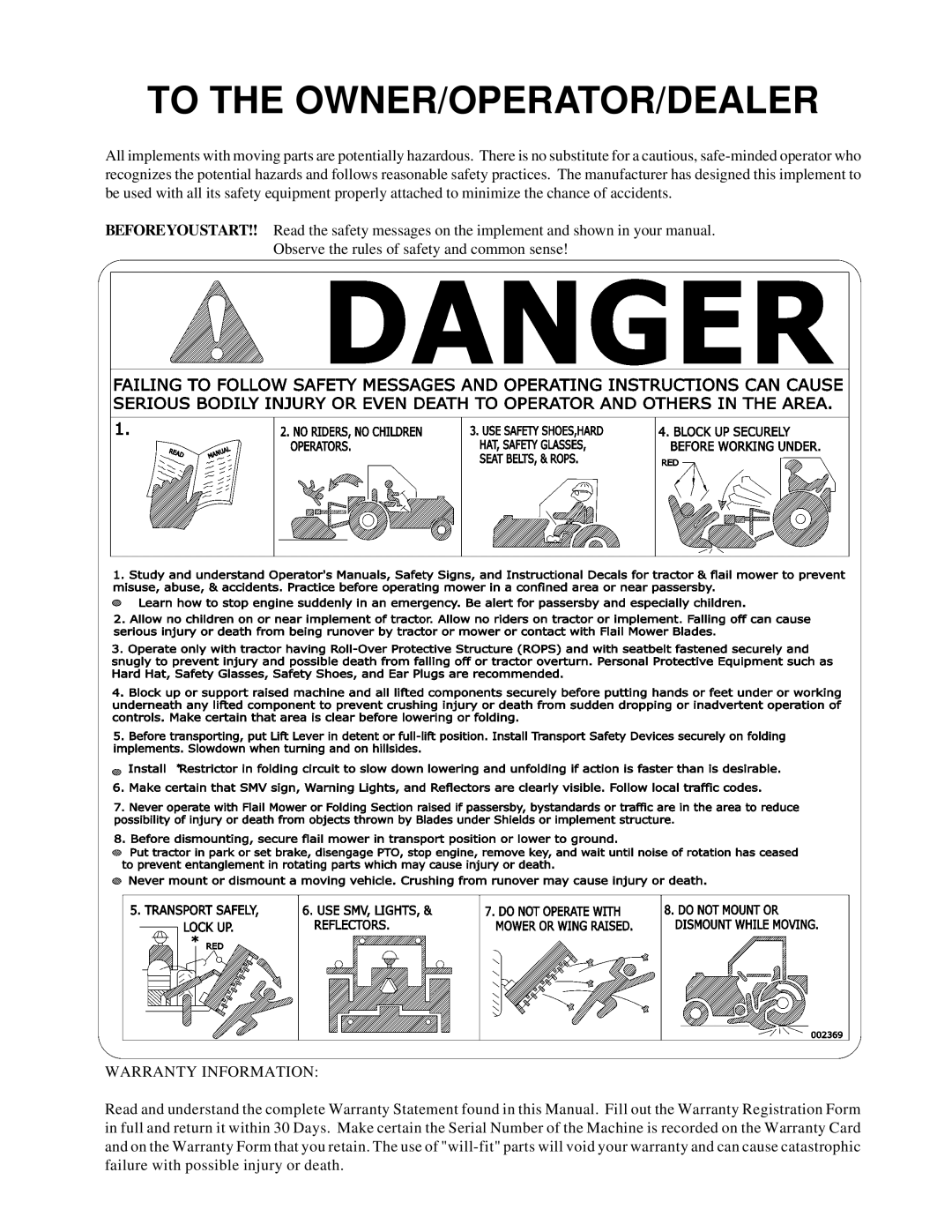 Servis-Rhino FS15 manual To the OWNER/OPERATOR/DEALER 