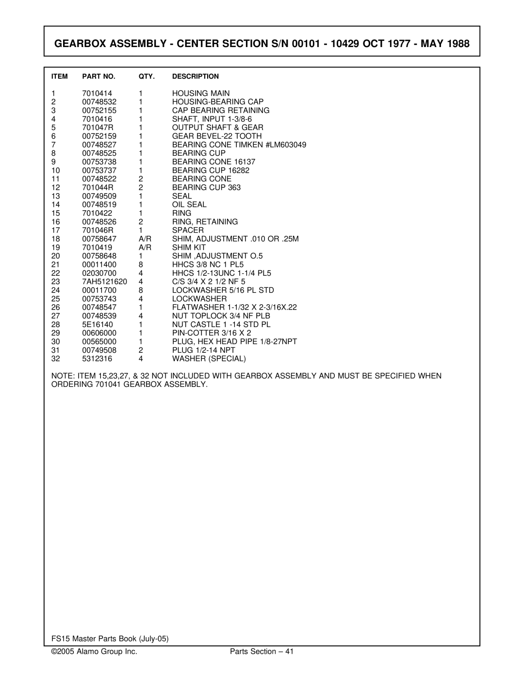 Servis-Rhino FS15 Housing Main, Housing-Bearing Cap, CAP Bearing Retaining, Output Shaft & Gear, Gear BEVEL-22 Tooth, Seal 