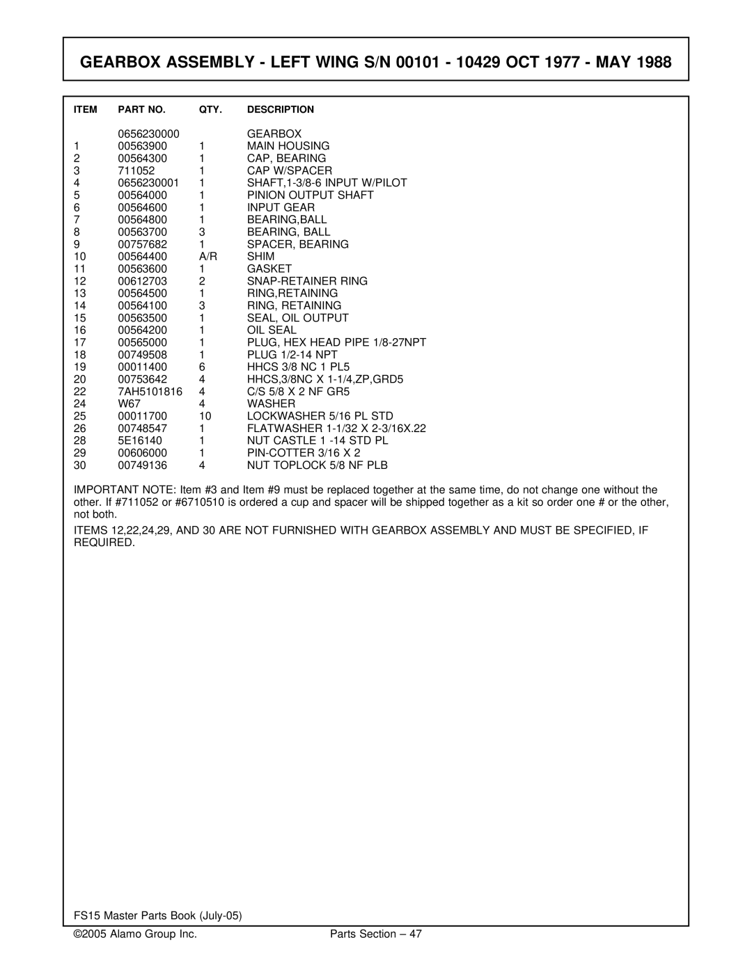 Servis-Rhino FS15 Gearbox, Main Housing, CAP, Bearing, Cap W/Spacer, SHAFT,1-3/8-6 Input W/PILOT, Pinion Output Shaft 