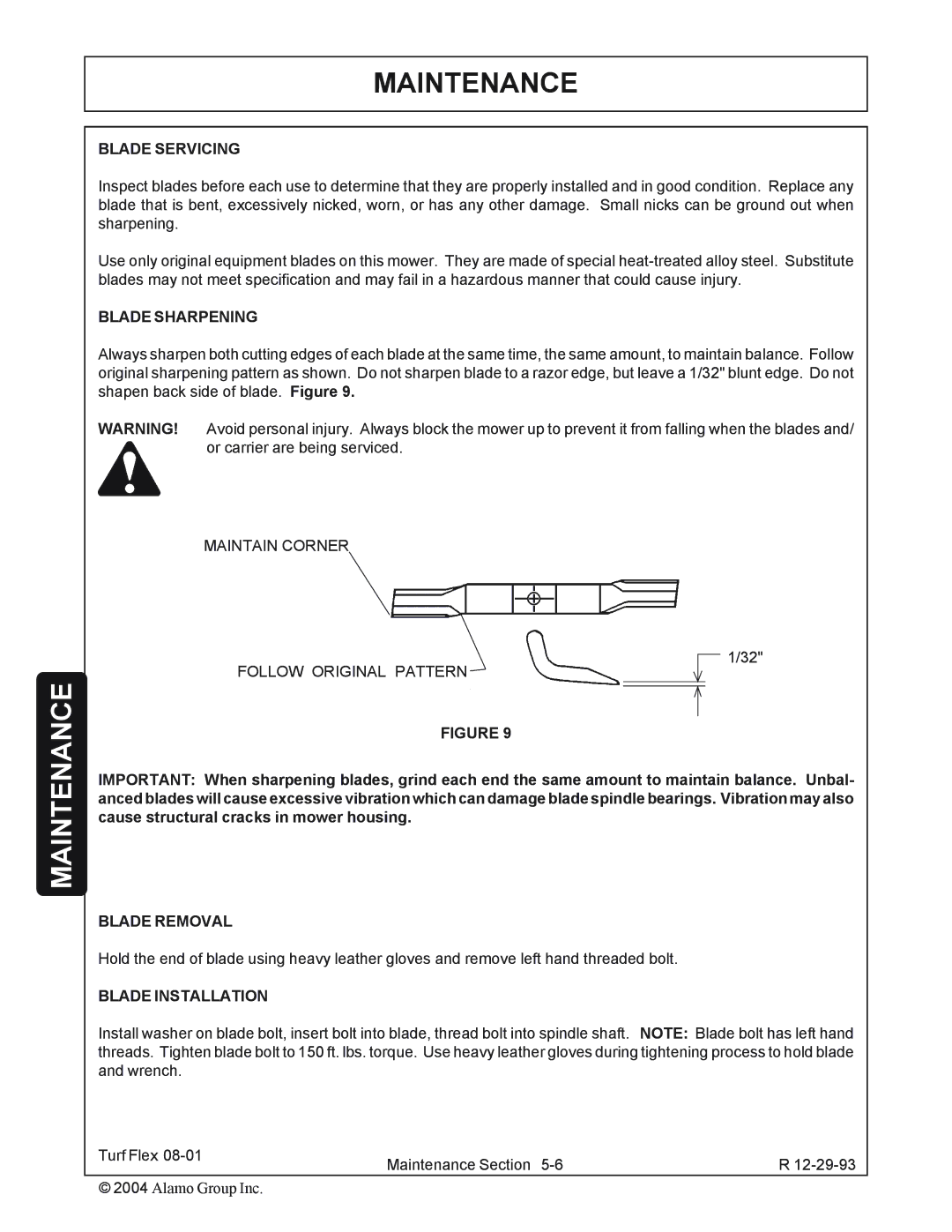 Servis-Rhino P/N 00763618C manual Blade Servicing, Blade Sharpening, Blade Removal, Blade Installation 