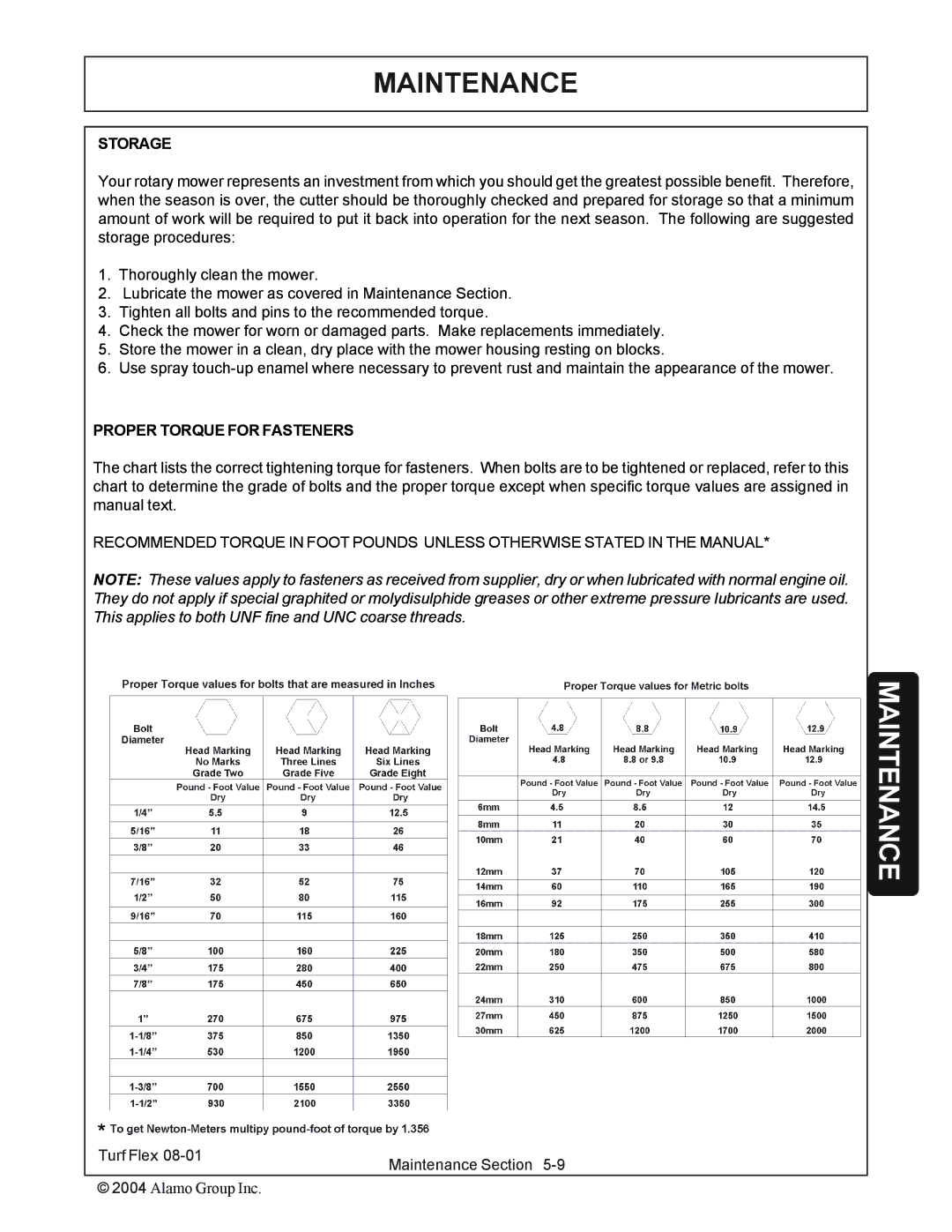 Servis-Rhino P/N 00763618C manual Storage, Proper Torque for Fasteners 